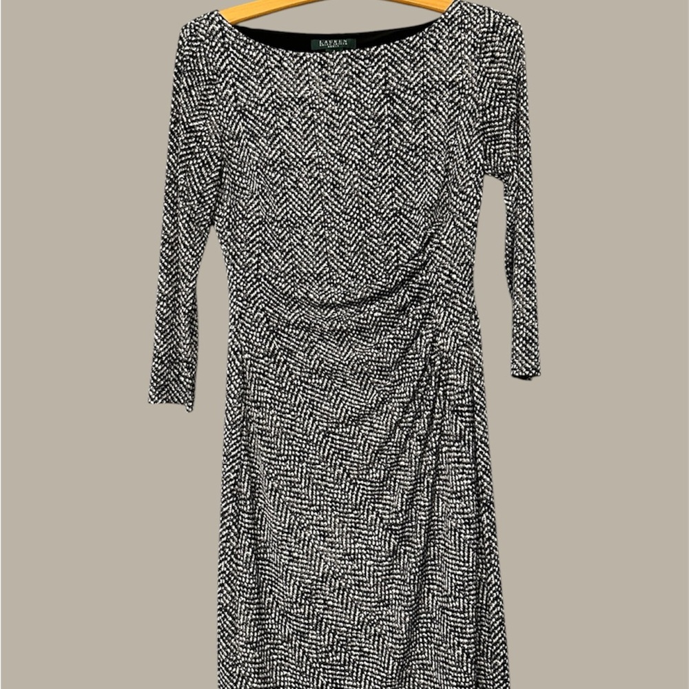 Lauren Ralph Lauren Black & White Long Sleeve Ruched Dress